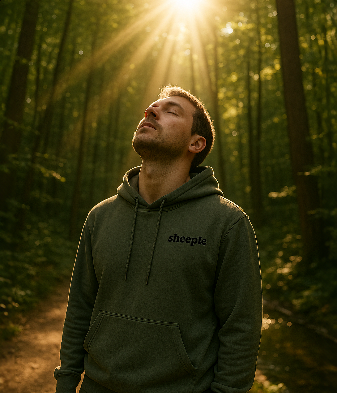 Man wearing a hoodie with 'sheeple' text in a forest with sunlight filtering through the trees.