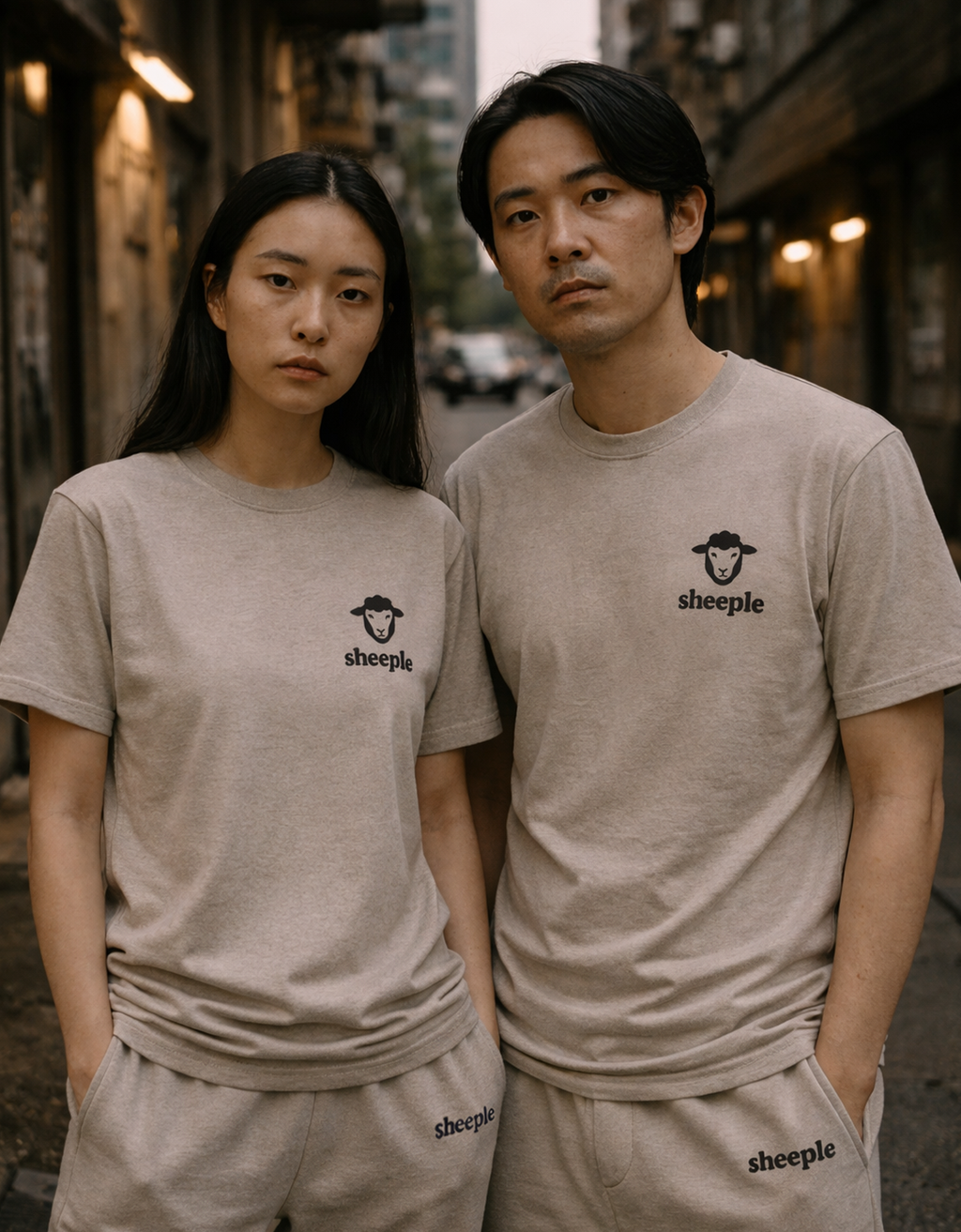 Two people wearing matching beige t-shirts with a logo on an urban street.