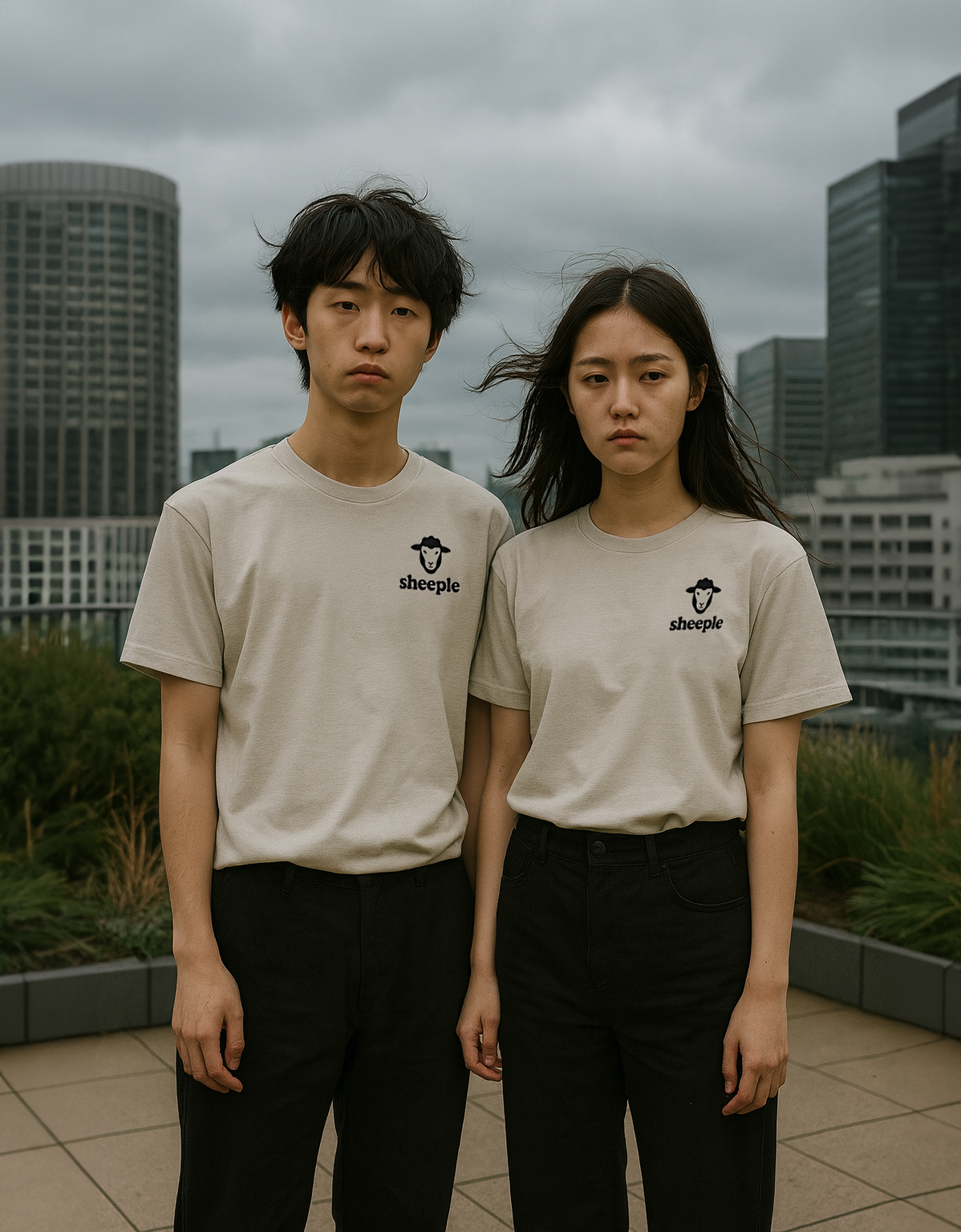 Two people wearing beige t-shirts with a logo, standing in front of a cityscape.