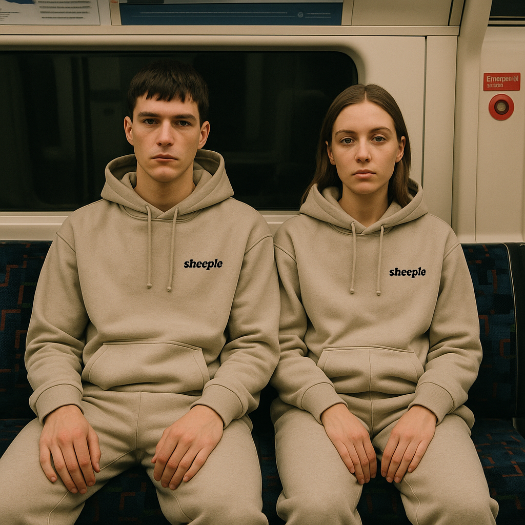 Two people wearing 'sheeple' hoodies sitting on a train.