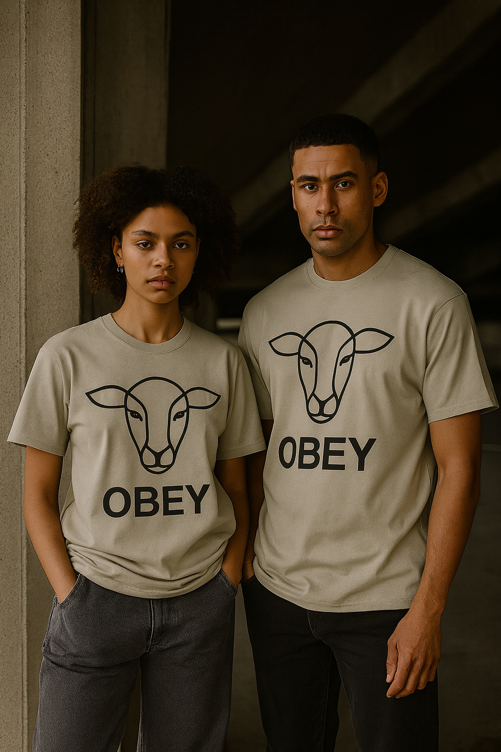 Two people wearing 'OBEY' t-shirts with a graphic of a sheep on a dark background