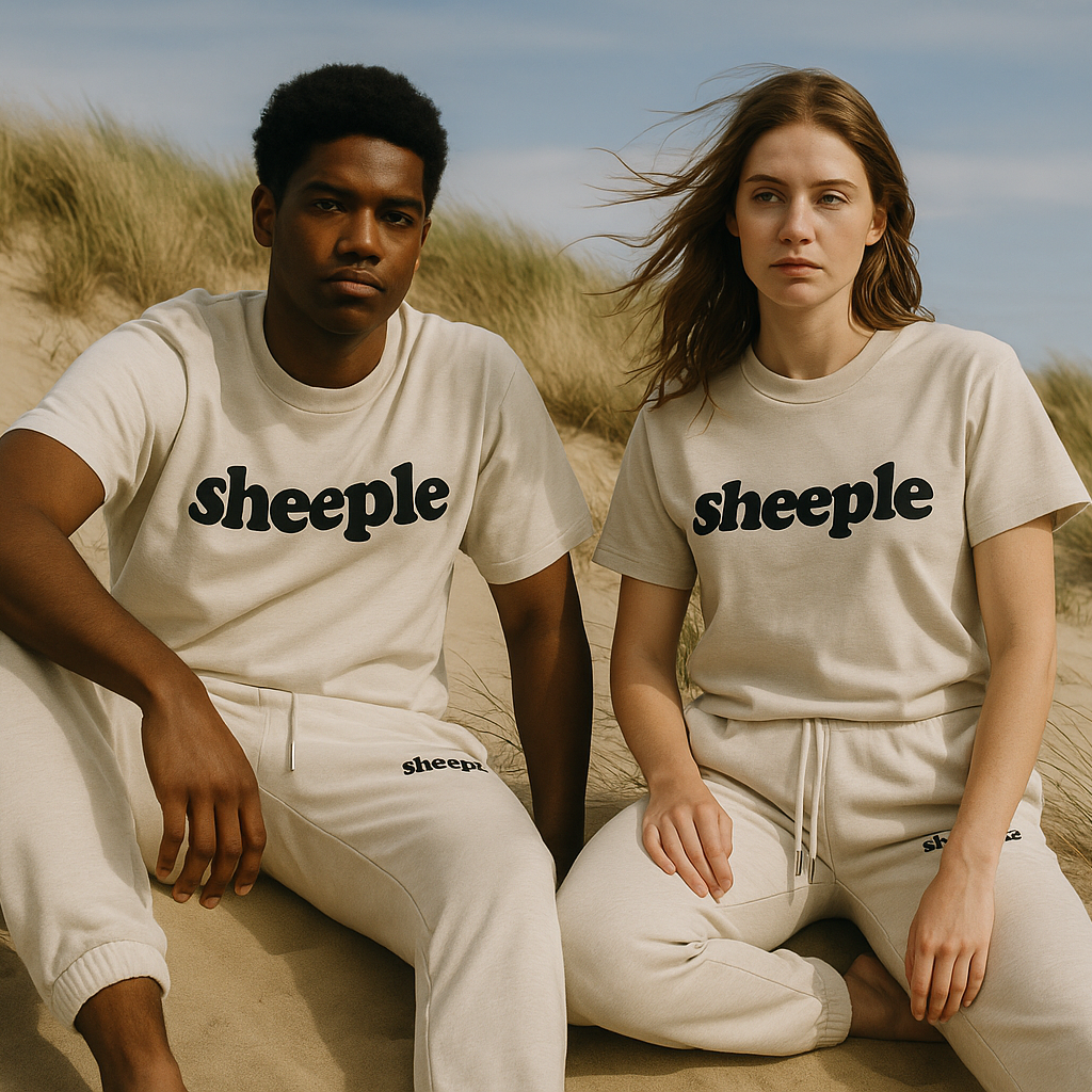 Two people sitting on a beach wearing 'sheeple' branded clothing.