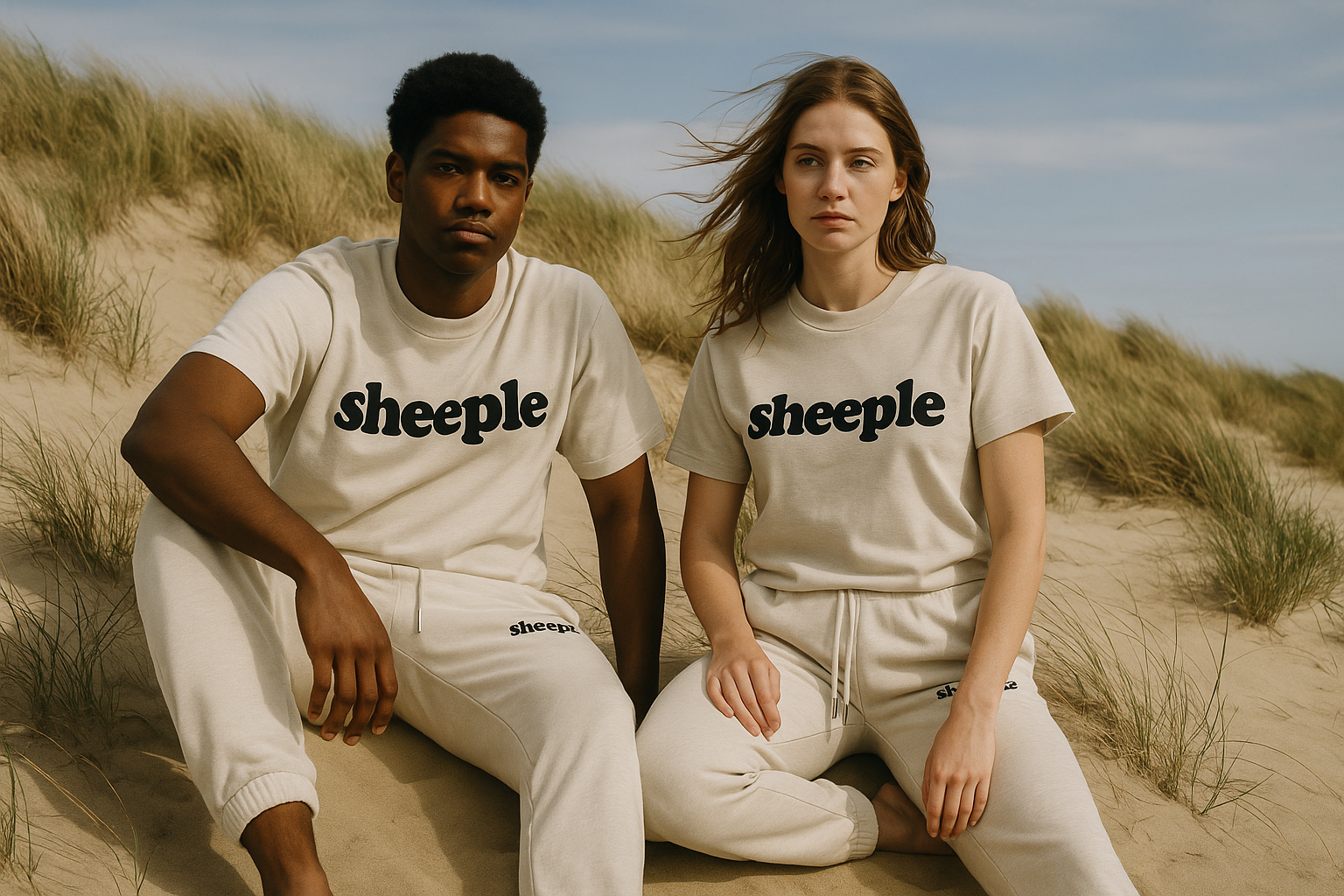 Two people sitting on sand dunes wearing 'sheeple' t-shirts.
