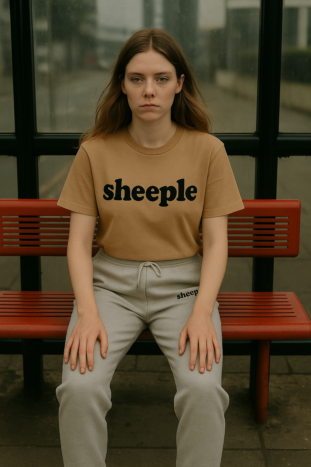 Person wearing a 'sheeple' t-shirt and sweatpants sitting on a red bench.