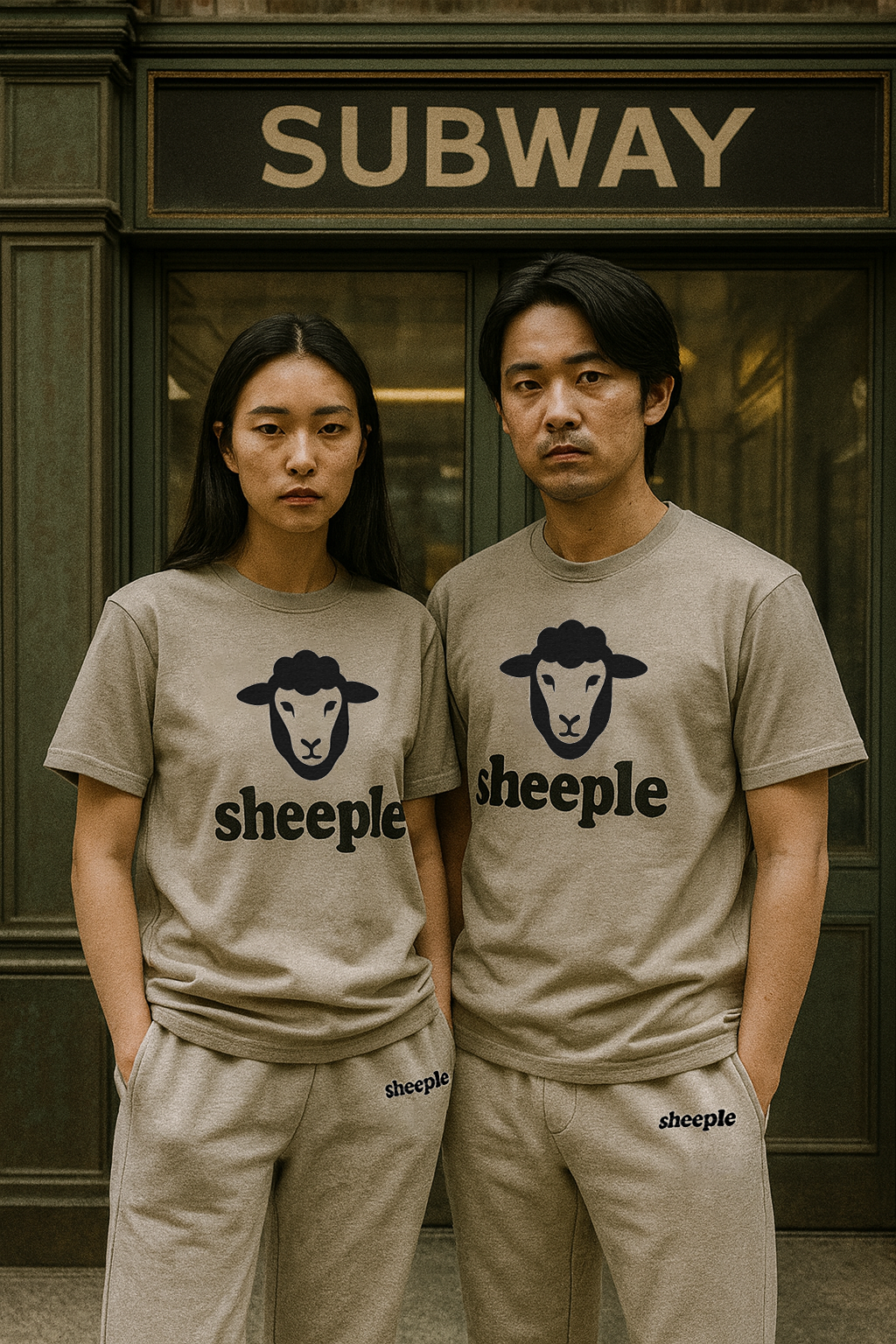 Two people wearing 'sheeple' t-shirts in front of a subway entrance.