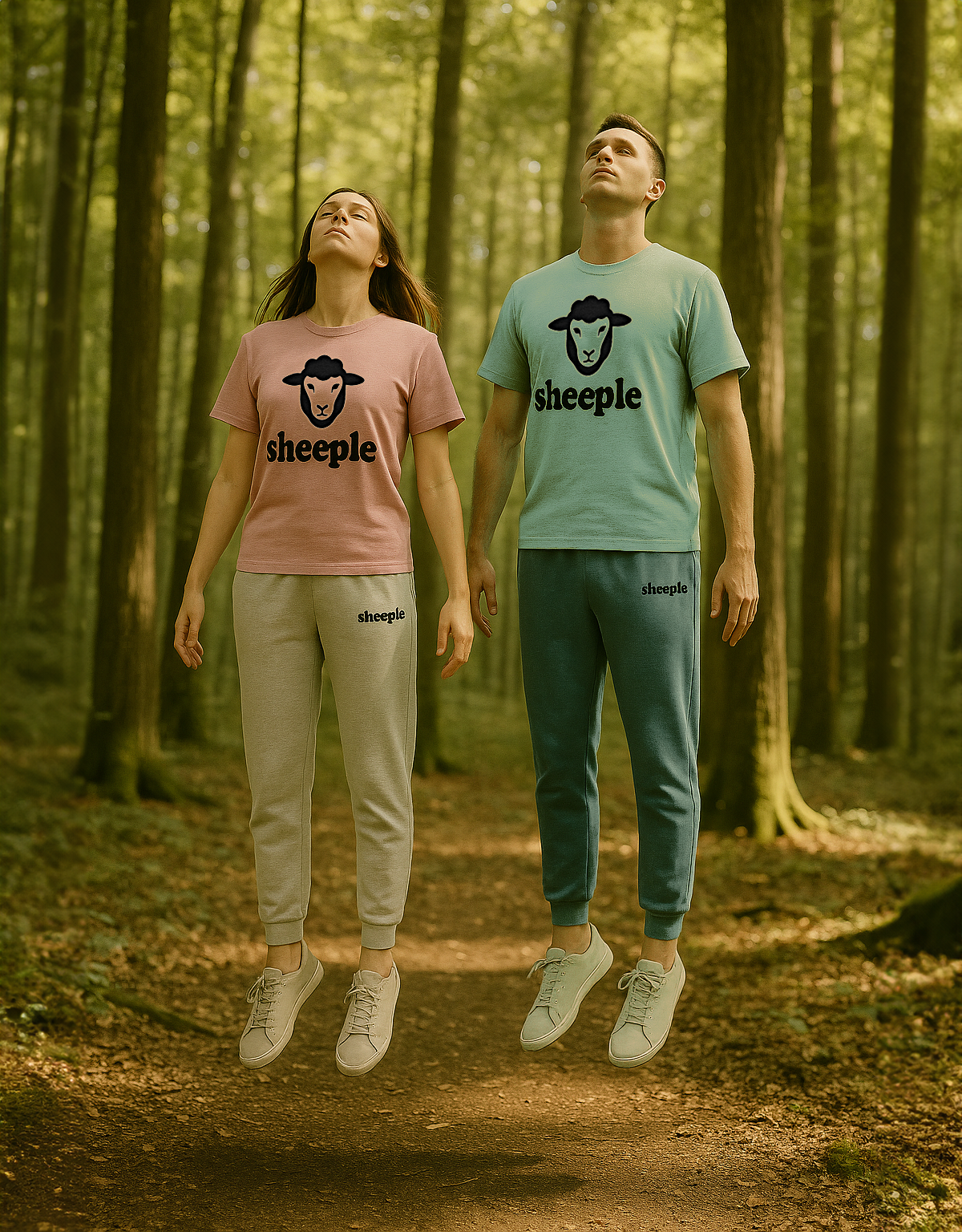 Two people wearing 'sheeple' branded clothing in a forest setting.