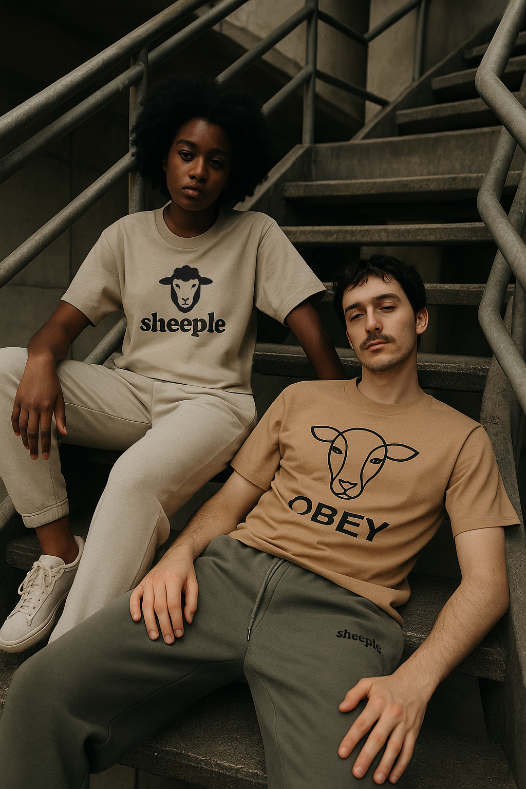 Two people sitting on stairs wearing t-shirts with 'sheeple' and 'OBEY' logos.